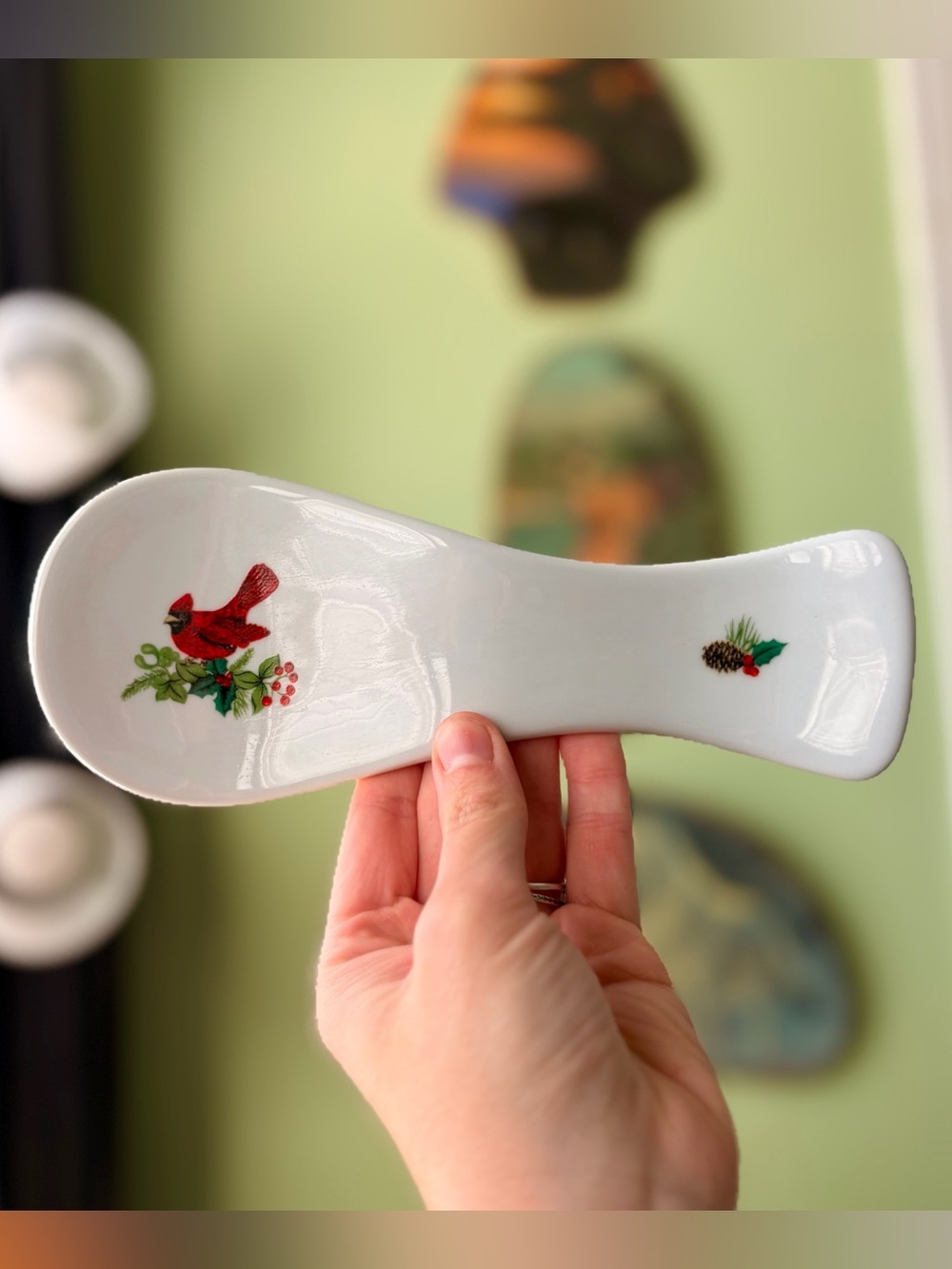 Festive Christmas White Ceramic Spoon Rest with Red Cardinal Royal Norfolk